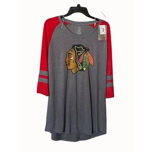 NHL Womens Chicago Blackhawks 3/4 Sleeve Raglan Shirt Gray & Red XL 16-18